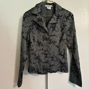 Vintage 90s La Belle Floral Flocked Blazer Jacket - Silver & Black - Size 7